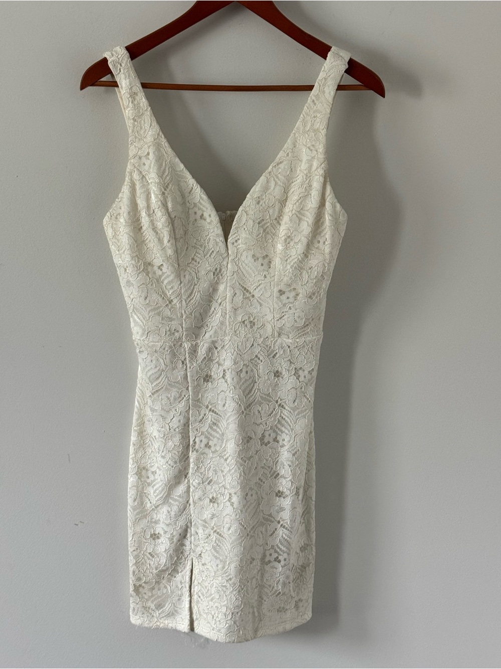 Midnight Doll White Floral Lace V-Neck Mini Dress Front Slit Size 7